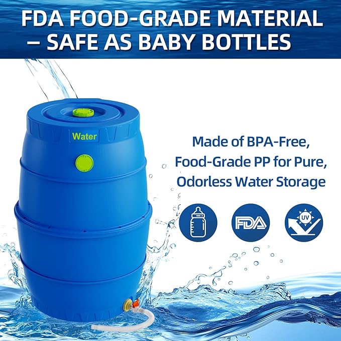 50 Gallon Blue Water Storage Barrel, BPA-Free Rainwater Collection Drum with Spigot, Stackable UV-Resistant Durable PP (Polypropylene) Barrel for Emergency Drinking Water & Gardening | Non-collapsible high-density space-saving hydration backup system w...