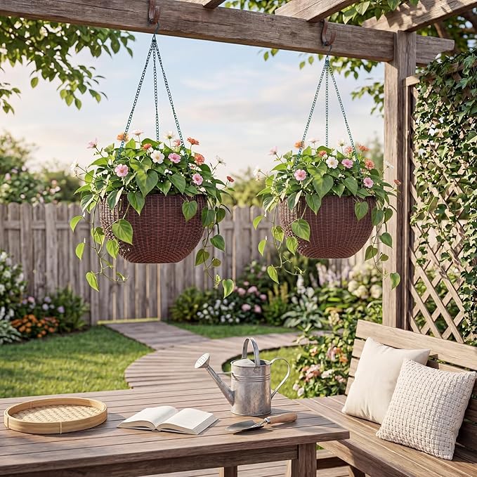 13.8 Inch Self Watering Hanging Planter, 2PCS Round Resin Hanging Basket for Indoor Outdoor Plants, Rattan Look Flower Pot with Drainage Plug, Deep Inner Pot and Sturdy Metal Triple-Chain Hanger