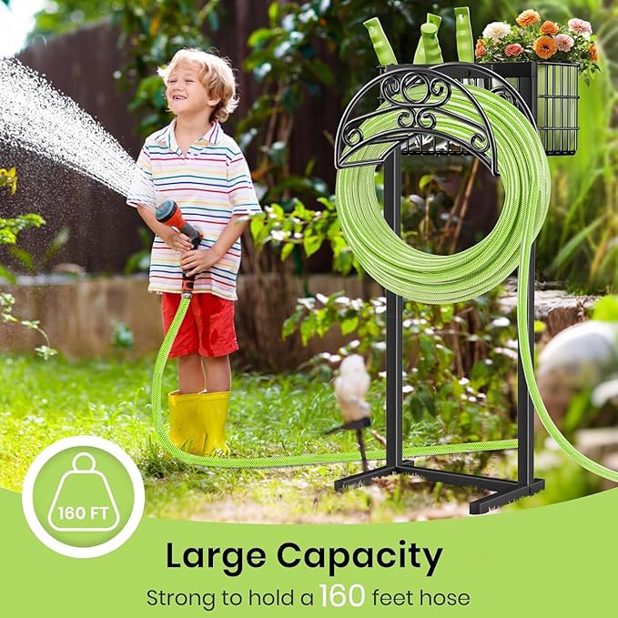 TomCare Garden Hose Holder with Large Storage Basket Heavy Duty Water Hose Holder Holds 160 Feet Hoses 4 Spikes Freestanding Hose Hanger Stable Hose Storage Organizer for Outside Yard