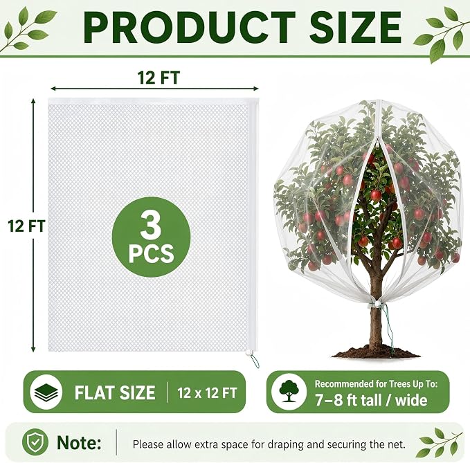 3 Pack 12 x 12 ft Large Fruit Tree Netting Covers with Zipper & Drawstring, Extra Fine Mesh Garden Netting for Blueberry Peach Apple Trees, Protects Fruit from Birds, Squirrels, Deer, Cicadas, Beetles