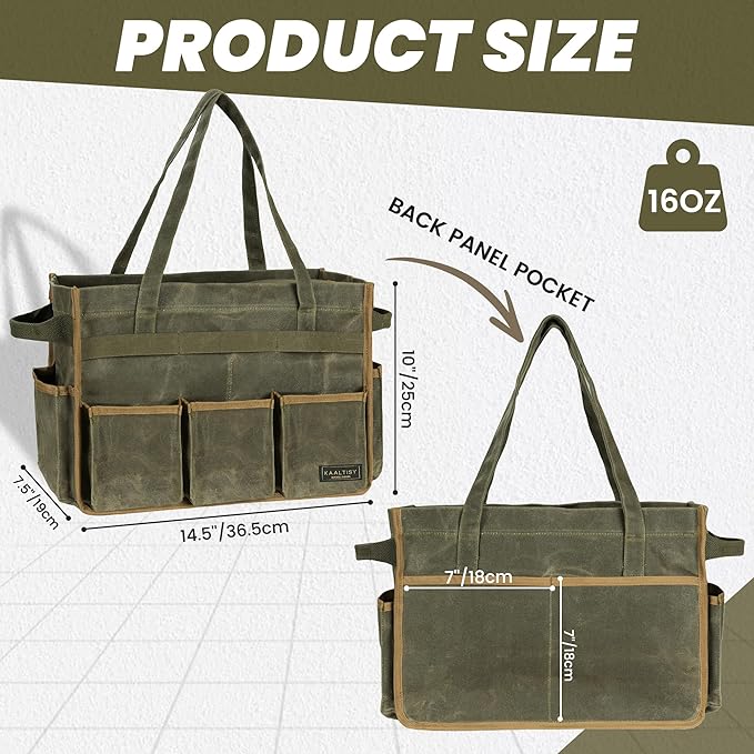 Tool Bag, Heavy Duty 16oz Waxed Canvas Garden Tool Organizer Tote with Reinforced Bottom, Large Capacity & 11 Slots, Dual Handles Tool Carrier for Gardening Carpentry DIY Tools | Army Green