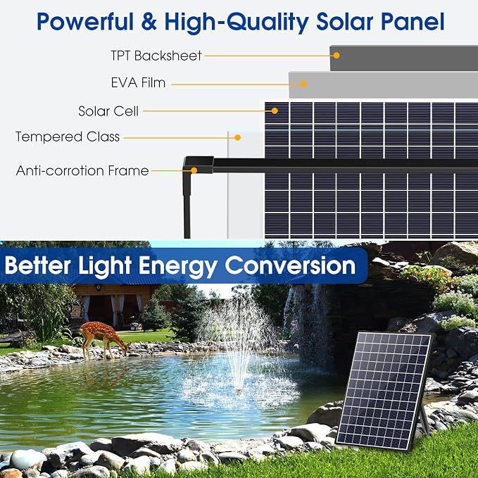 POPOSOAP Solar Pond Pump 25W, Solar Water Pump with Water Flow Adjustable, Solar Fountain with Water Shortage Protection &16.5Ft Cord & 6.56FT PVC Tubing for Ponds, Waterfall, Garden P125H