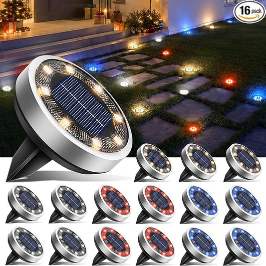 btfarm 16 Pack Solar Lights Outdoor, 8 LED Solar Ground Lights IP65 Waterproof Flat Solar Disc Light, Pathway Lights for Garden Patio Yard Christmas Decorations, Red+Blue+Cool White+Warm White