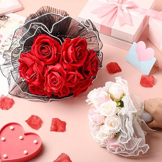 Gilprop 8 Pcs Flower Wrapping Mesh Paper, 11 Inch x 4 Yard Wavy Pearl Edge Wrinkled Flower Packaging Mesh, Florist Supplies for Teacher Mother's Day Gifts (White,Black)