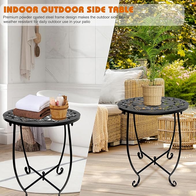 Fashion&cool 2 Pack Outdoor Side Tables, 14" Round Patio Side Table, Weather Resistant Metal Outdoor End Table Side Table for Patio Yard Porch Balcony Garden Bedside, Plant Stand for Indoor Outdoor