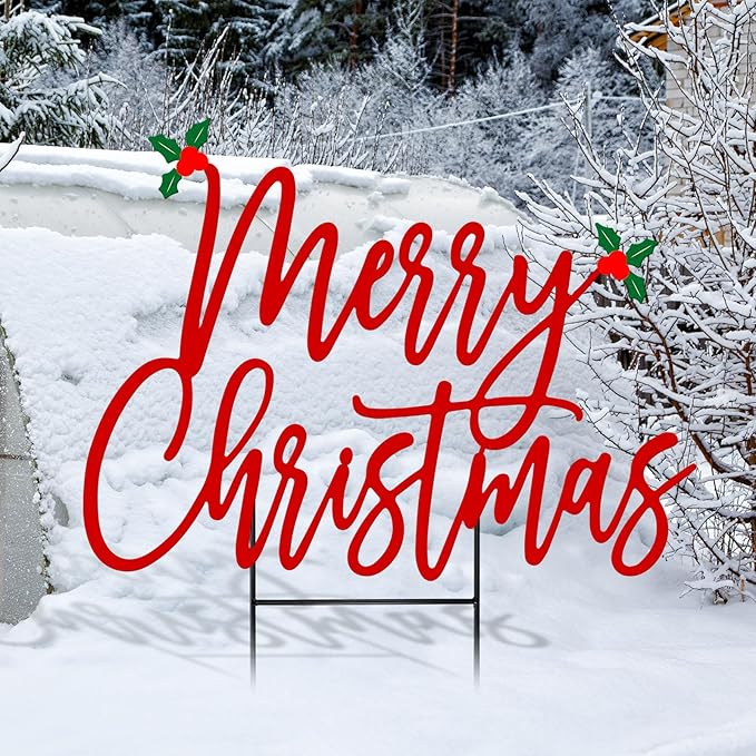 Weysat Merry Christmas Metal Yard Signs 15.75 Inch Xmas Metal Outdoor Decorations with Stakes Waterproof Christmas Decor for Home Garden Patio Lawn Party and Xmas Celebration Supplies
