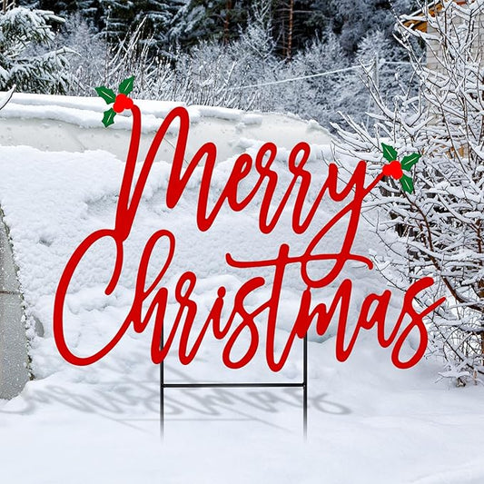 Weysat Merry Christmas Metal Yard Signs 15.75 Inch Xmas Metal Outdoor Decorations with Stakes Waterproof Christmas Decor for Home Garden Patio Lawn Party and Xmas Celebration Supplies