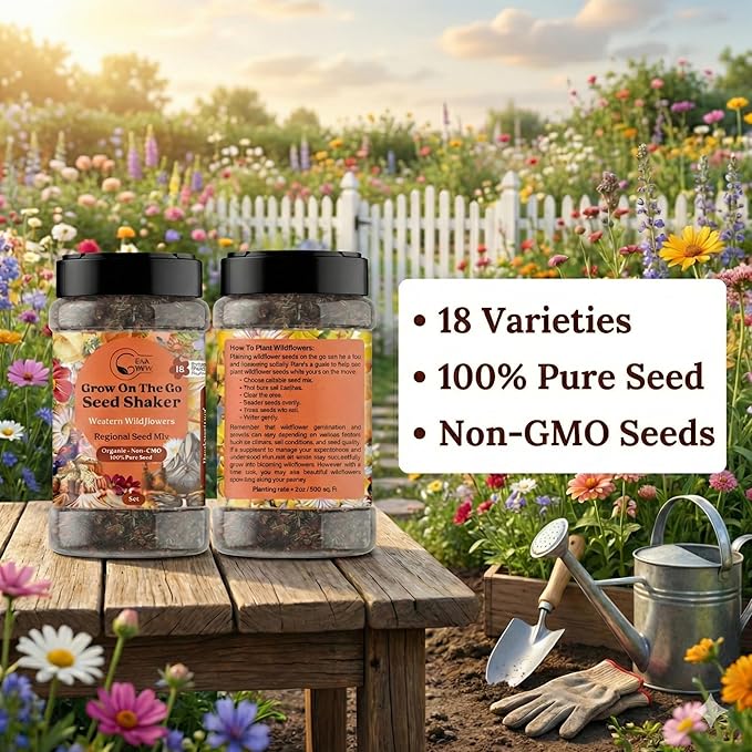 GevaGrow on the Go Seed Shaker - Western Wildflower Seeds Regional Mix - Organic, Non-GMO - 100% Pure Seed - 18 Different Wildflowers Seeds of Annual and Perennial, 2oz