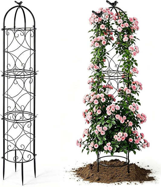 100% Metal 6.1 Ft Garden Obelisk Trellis for Climbing Plants, Rustproof Coated Floral Scrollwork Plant Support with Bird Finial, for Tomato, Rose, Grape, Cucumber, Vines, Indoor/Outdoor Black