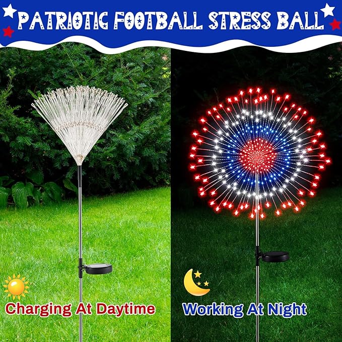 Tujoe 6 Pcs 4th of July Solar Firework Lights Patriotic Solar Light Outdoor Garden 120 LED 8 Modes Waterproof LED Sparkler Light for 250th Anniversary Patio Yard Pathway Walkway (Patriotic Colors)