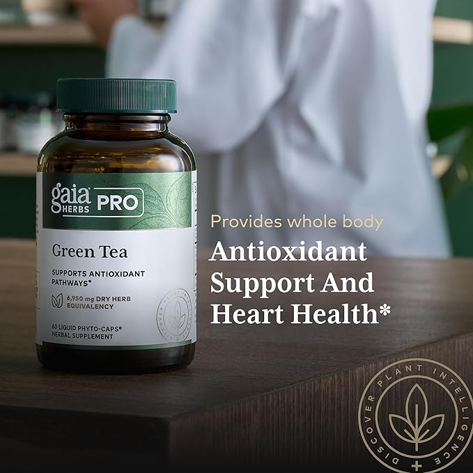 Gaia Herbs PRO Green Tea - Heart Health & Antioxidant Support Supplement* - Health Supplement with Green Tea Leaf Extract - Vegan Gluten-Free Soy-Free - 60 Liquid Phyto-Caps (30 Servings)