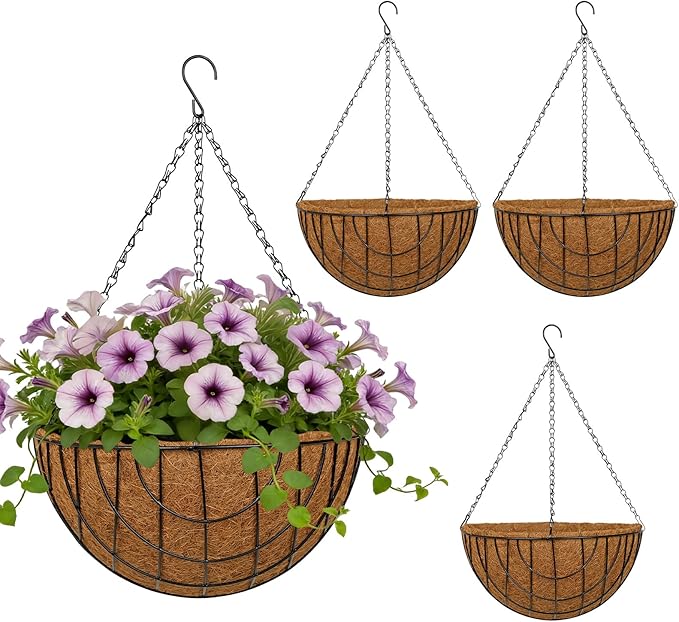 14 Inch Metal Hanging Basket with Coco Coir Liner for Flowers Planting, 4 Pack Hanging Baskets for Plants Outdoor, Mesh Grid Round Wire Planters with Chain for Home Patio Porch Balcony Garden Decor