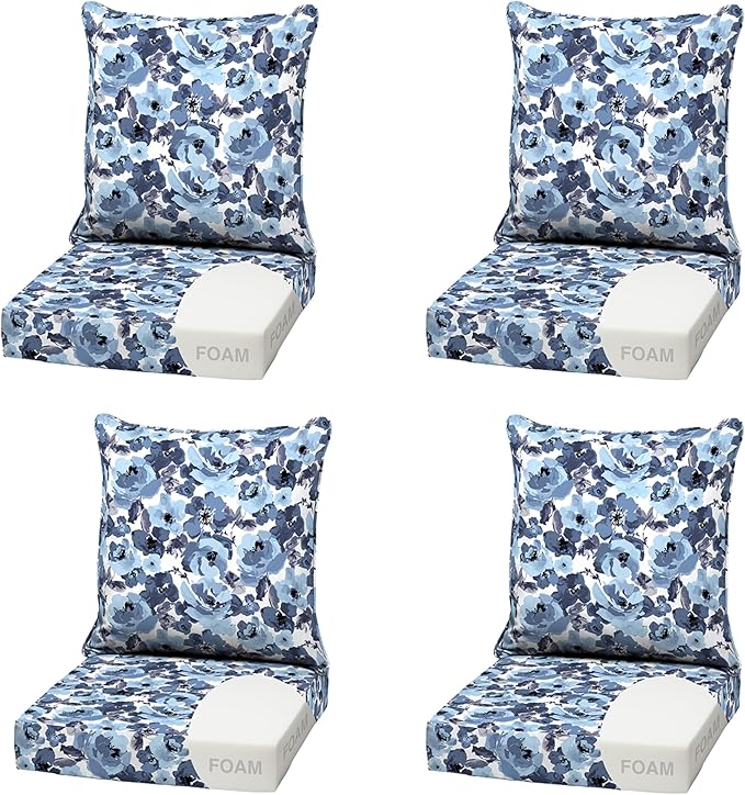 Arden Outdoor Foam Deep Seat Cushion (4-Pack), 22x24, Premium High-Density Foam, Never Flattens, Weather-Proof for Patio Chair Sofa Couch, Blue Garden Floral