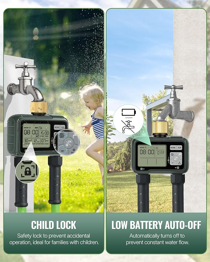 2 Zone Brass Sprinkler Timer, Garden Hose Timer, Automatic Irrigation System, Programmable Faucet, 2 Outlets, with Rain Delay, Manual Mode,Child Lock, for Yard, Garden, Lawn, Green E12WT06