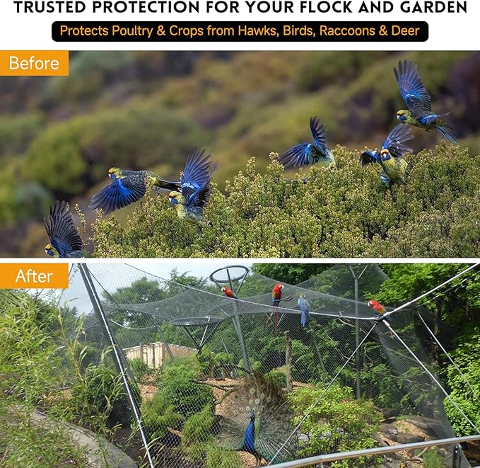 Heavy Duty Bird Netting for Chicken Coop with 1" Mesh, 50x50 ft Reinforced HDPE Poultry Netting, Durable & Reusable Chicken Netting for Hawks, Predator Proof for Farm, Fence, Garden & Orchard