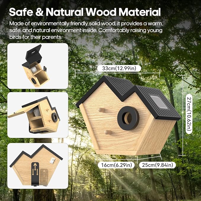 Wooden Bird House with Camera, 2K HD WiFi Smart Bird Feeder with AI Identify Birds Species & LED Light, Instant Alerts with Solar Powered Wireless Outdoor Birdhouse, Gifts for Bird Lovers
