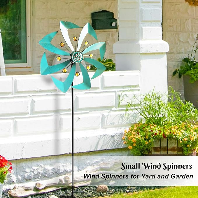 Metal Wind Spinners Outdoor, 360° Yard Wind Spinner Outdoor with Stake, Kinetic Windmill for Yard and Garden, Lawn, Patio, 33.5"× 10" (Green Copper)