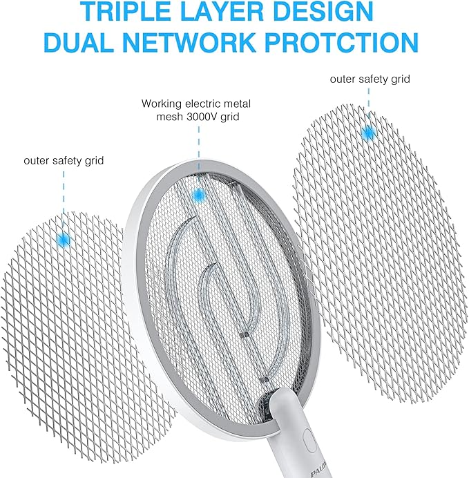 PALONE Electric Fly Swatter 4000V Bug Zapper Racket, Dual Modes Mosquito Killer with Battery, Rechargeable Mosquito Killer Lamp with 3 Layers Safety Mesh for Indoor and Outdoor, White 1P