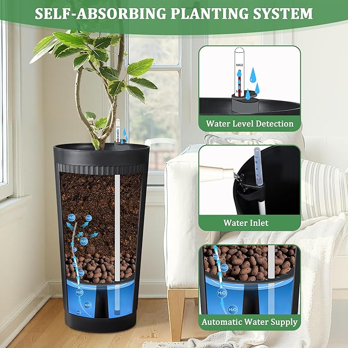 TUYOHW Self-Watering 24in Plastic Round Planter with Vertical Ribbed Design – Indoor Outdoor Flower Pot for Plants, Herbs, and Small Trees, Set of 2