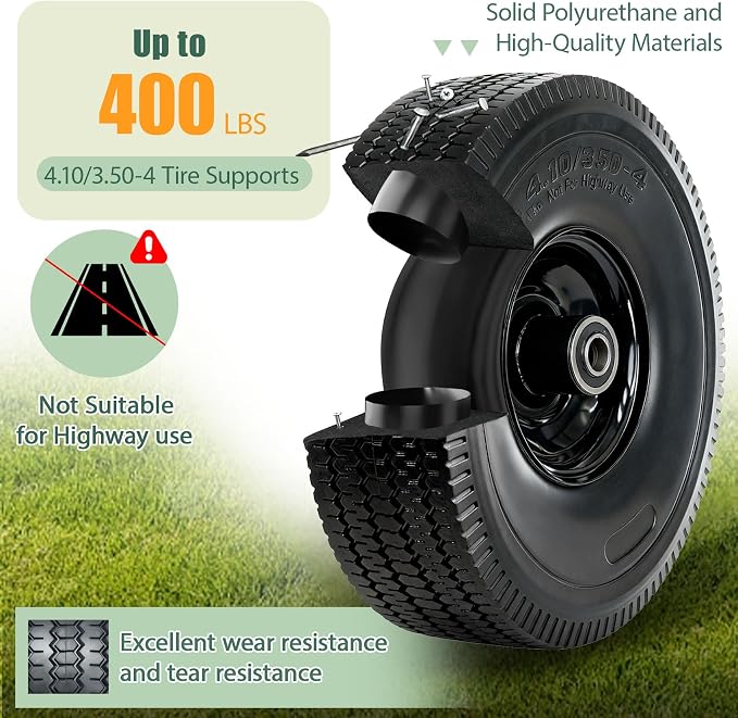 4.10/3.50-4 Tire and Wheel, 10" Solid Tires with 5/8” Bearing, Extra 3/4”&1/2” Bearings, 2.2” Offset Hub, Flat Free 4.10/3.50-4'' Wheels for Dollies, Hand Trucks, Tractors (2 Pack) (Black)