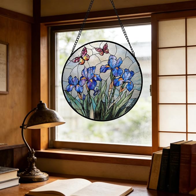DASTOLL Stained Glass Window Hanging, Blue Iris Flowers Butterfly Suncatcher Diamond Colorful Glass Panel Sun Catchers Decor for Birthday for Women, Men, Wife, Aunt, and Mom 6.3 in