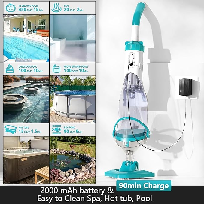 Handheld Hot Tub Spa Pool Vacuum, 19 gallons/min, Cordless Rechargeable Pool Vacuum for Above Ground Pool, 60 Mins Running Time, Ideal for Leaves, Cleaning Debris and Sand Underwater