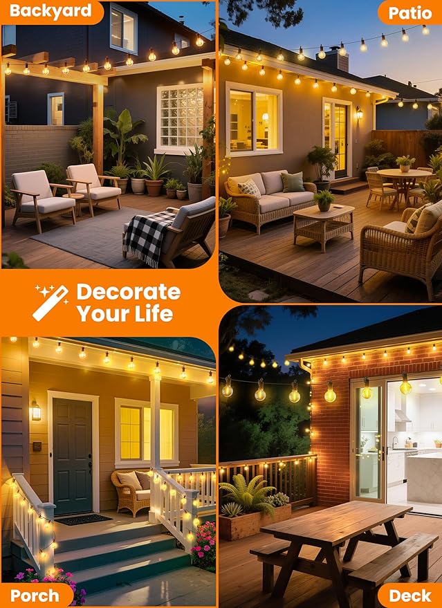 Outdoor String Patio Lights, 50FT 50 LED Patio Lights Waterproof, Connectable Shatterproof Hanging Outside String Light for Backyard, Porch, Deck, Balcony, Garden, House Decor, 2200K
