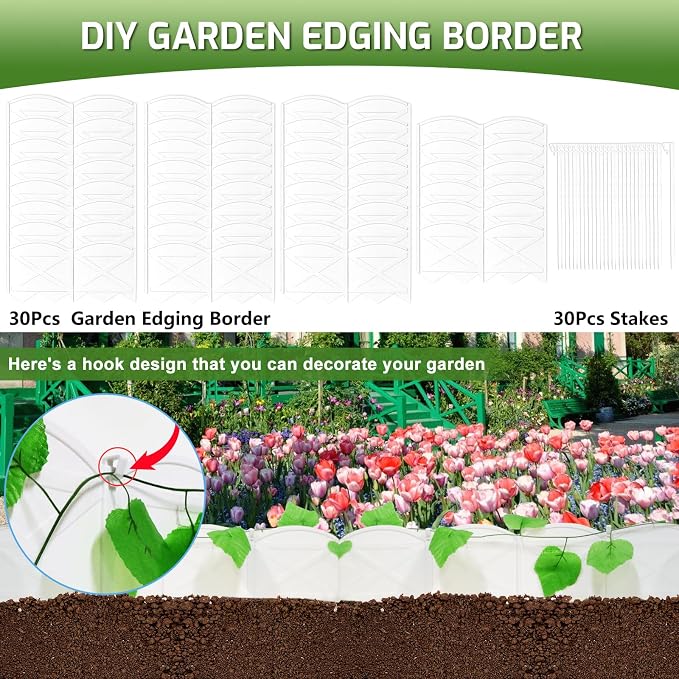 Vashly No-Dig 20Ft Landscape Edging, 6 Inch Tall Garden Edging with 7.8 inch Anchoring Stakes Plastic Garden Edging Border Flower Bed Edging Borders Lawn Edging