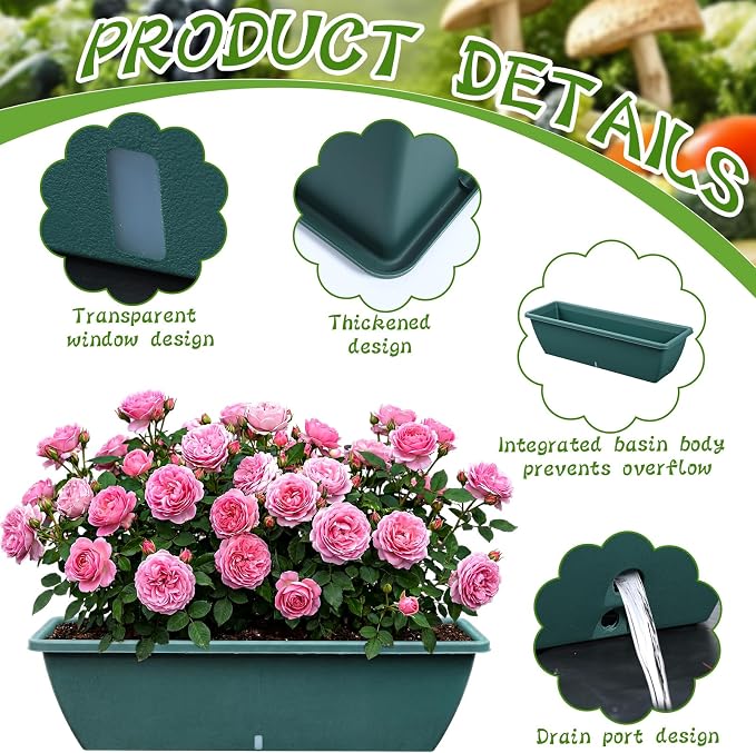 8 Pcs 24 Inch Plastic Flower Window Box Planter with Water Absorbing Net Drainage Holes & Visible Water Level Window, Rectangular Vegetable Flower Pots for Indoor Outdoor (Green)