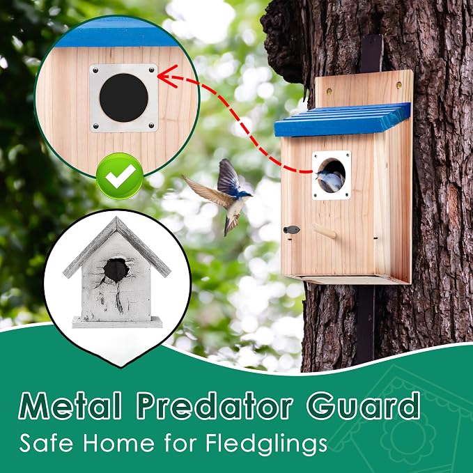 Dreyoo 8 Pack Bluebird Houses for Outside, 1-1/2'' Entrance Hole Wooden Bluebird Houses for Outdoors with Metal Guard, Secure Latch, Fledgling Grooves, Air Vents (Blue Roof with Wood Body)