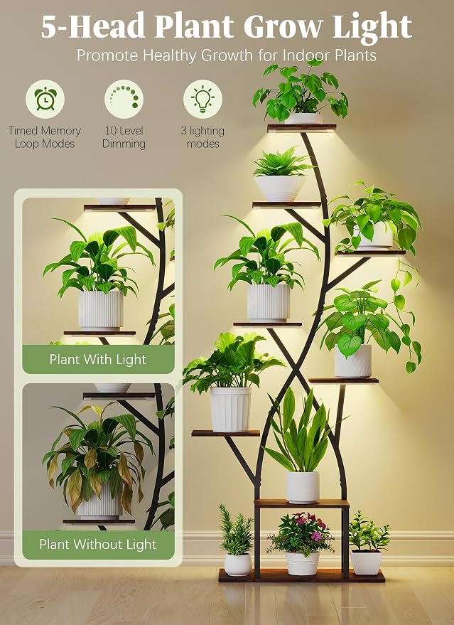 Plant Stand Indoor with Grow Lights 65" Tall Plant Shelf Corner Lighted Plant Stands for Indoor Growing Multiple Metal 8 Tiered Large S-Shape Display Shelves Plant Rack for Home Decor Patio Balcony