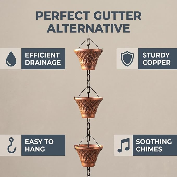 Rain Chains for Gutters Outside for Heavy Rain, 8.5FT Copper Rain Chain with 12 Cups, Adjustable Rain Catcher Chain with Chimes for Eaves Drainage, Replacement for Downspout, Outdoor Decor