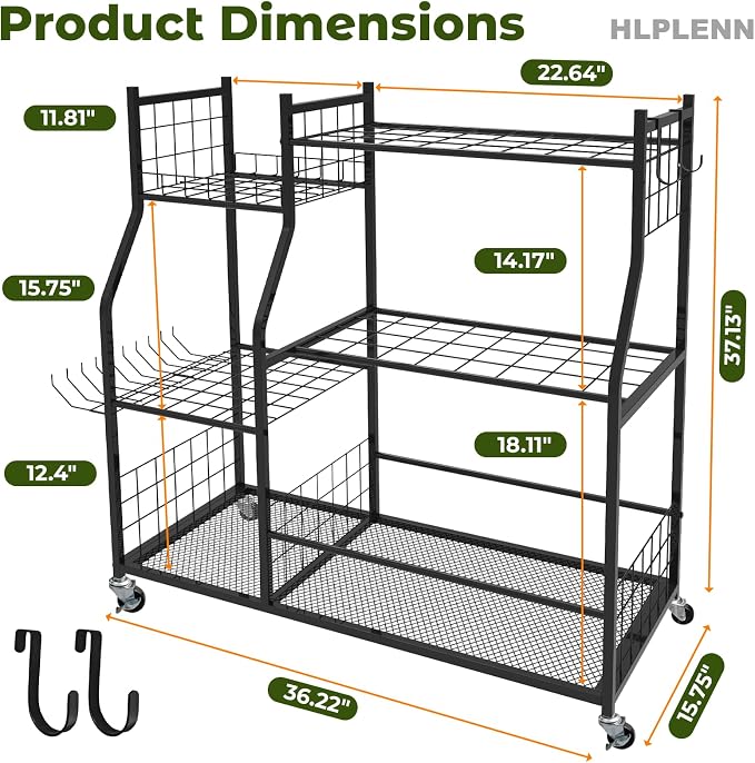 Large Garden Tool Organizer with Wheels, Yard Tool Organizer Stand for Long Handled Tools, Indoor/Outdoor Metal Yard Tool Storage Rack Cart for Garage, Shed, Garden