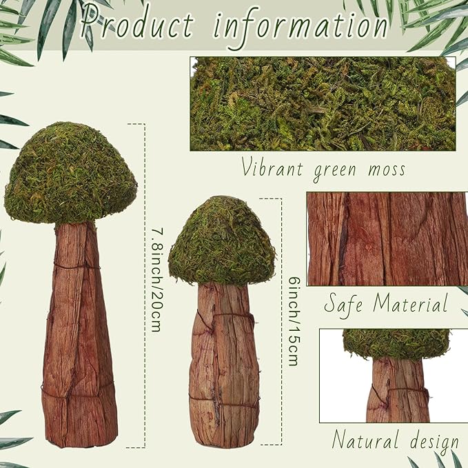 Novabright 2 Pcs Artificial Moss Mushroom Decoration Set 6" and 7.8" Fake Moss Mushroom Green Enchanted Forest Decorative Centerpieces Statues Figurines for Garden Landscape DIY Craft Outdoor
