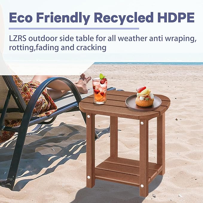 LZRS 2-Tier Patio Side Table, Heavy Duty HDPE Outdoor End Table with Wood Texture, Weatherproof Composite Table for Adirondack Chairs, Deck, Pool, Indoor/Outdoor, No Peeling Cracking(Brown)