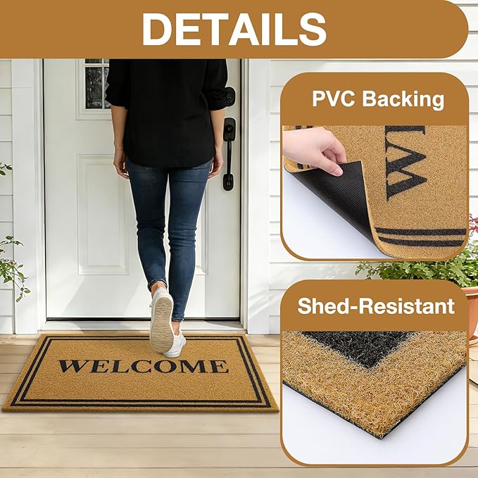 OLANLY Front Door Mat, Low Profile Doormat, Stain and Fade Resistant, Easy to Clean, for Indoor and Outdoor Entrances, Patio Porch or Entryway, Brown (35x23 Inch, Welcome)