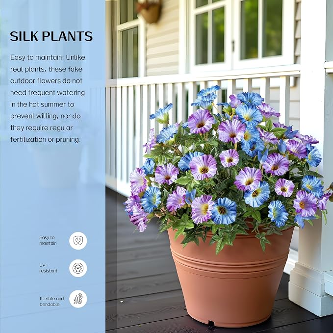 Blue Purple Artificial Morning Glory Flowers for Outdoor Planters, Premium UV Resistant Silk Faux Flowers for Porch, Hanging Basket & Window Box, Cottage Garden Decor, No Pot, 13.3 Inch, 4 Bundles