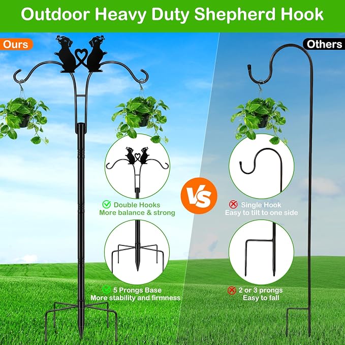 MRHEPHAESTUS Double Shepherds Hooks for Outdoor, 78 Inch Bird Feeder Pole with 5 Prongs Base, Adjustable Heavy Duty Plant Hangers Dog Art for Outdoor Plants Hummingbird Feeder Hanging Baskets Lantern