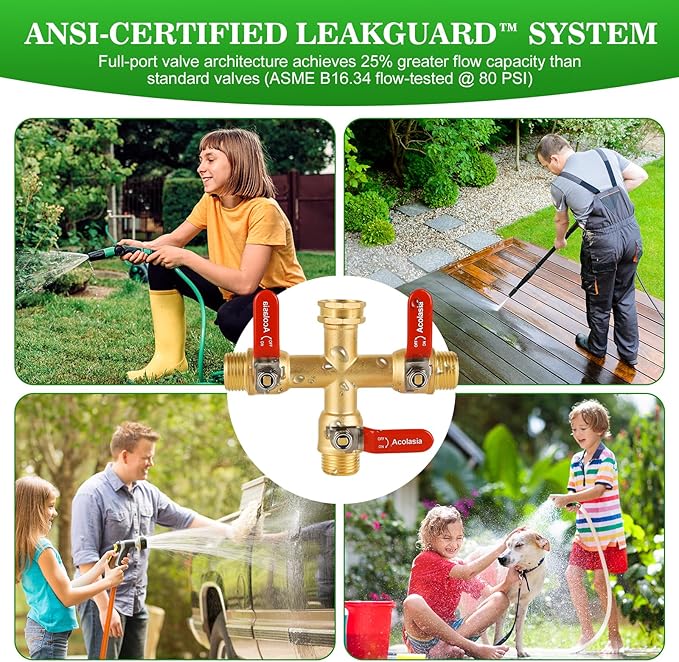 Hose Splitter 3 Way Heavy Duty Brass Garden Hose Splitter with 304 Stainless Steel Long Handle Outdoor Full Flow Hose Splitter Connector, 3/4" GHT Thread