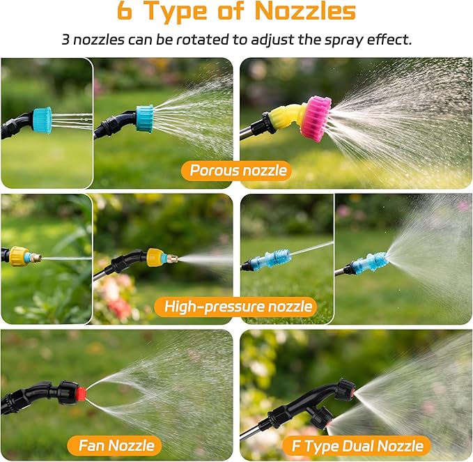 2 Gallon Battery Powered Sprayer, Electric Garden Sprayer with 6 Mist Nozzles, Adjustable Spray Effect, Weed Sprayer with Hand Shank Waterproof, Adjustable Telescopic Rod, for Yard, Lawn and Garden