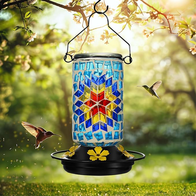 Glass Hummingbird Feeder, Blue Hummingbird Feeders for Outdoors Hanging, 19 Ounces, Mosaic Flower Bottle Easy to Clean, 5 Feeding Ports, Ant Moat Included