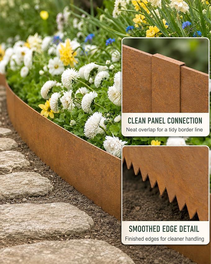 20ft Pre Rusted Cor Ten Steel Landscape Edging 8 in Low Profile Metal Garden Border No Dig Hammer in Lawn Edging Kit with 6 Panels 6 Clamps for Flower Bed Yard Pathway