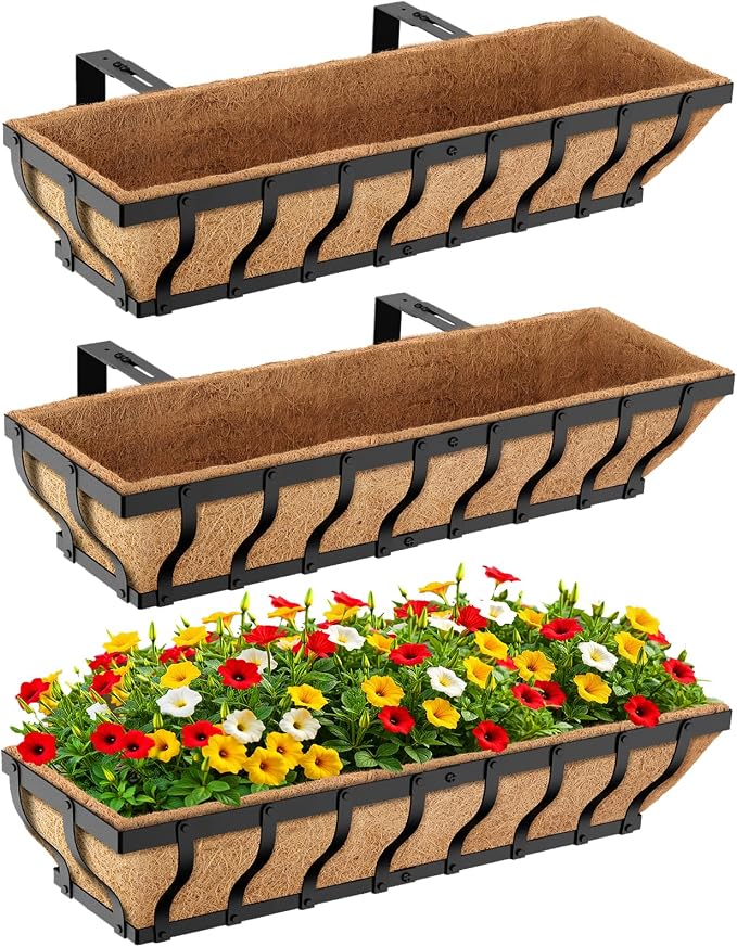 VOXOR Railing Planter Boxes, Heavy Duty Window Box Planters, Adjustable Balcony Planters for Railing Hanging, with Coco Liner for Deck, Porch, and Patio Gardening (3 Pack, 30 Inch)