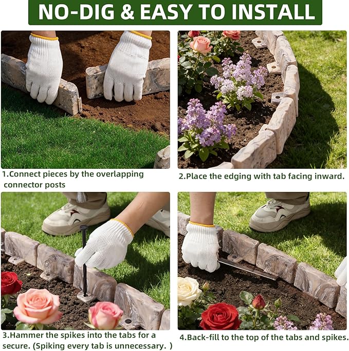 Landscape Edging Garden Edging Border Faux Stone Edging,91FT x 2.75 in Tall Decorative Stone-Look Garden Border for Flower Bed Edging,Yard Edging,Lawn Trees and Gardens,with Anchoring Spikes,Brown