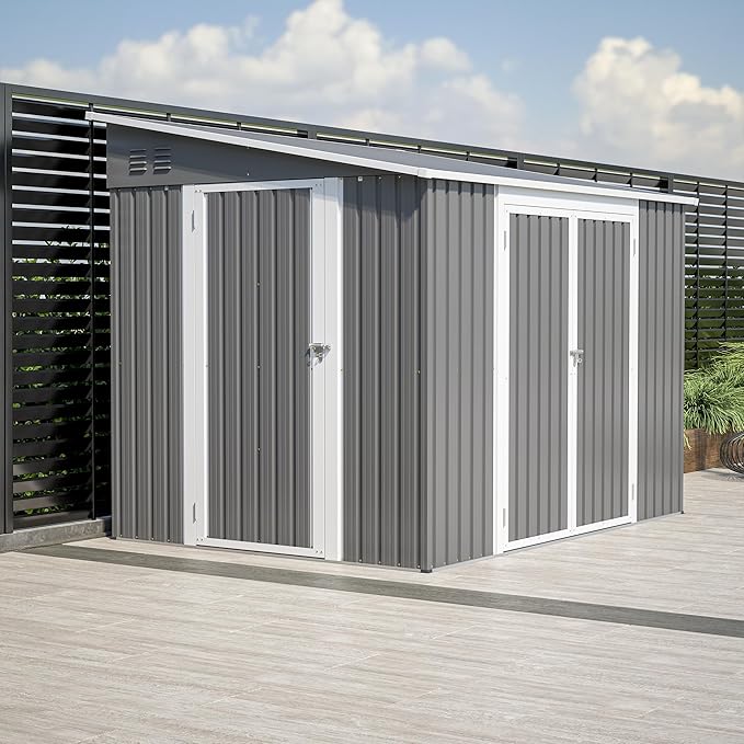 YOPTO 8x6 FT Lean to Outdoor Storage Shed W/Adjustable Lockable Double Side Doors,Metal Shed W/Floor Frame & 2 Air Vents,Garden Tool House W/Updated Frame Structure,for Backyard Patio Lawn,Gray