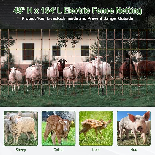Electric Fence Netting 48"H x 164'L | with Posts and Double-Spiked Stakes, Portable Livestock Nets for Backyards, Homesteads, Gardens, Farms, and Ranches