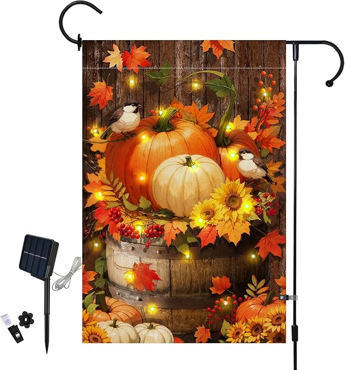 Lighted Pumpkin Fall Garden Flag 12 x 18 Inch Double Sided Burlap Led Autumn Watercolor Bird Garden Flag for Party Yard Outdoor Decoration