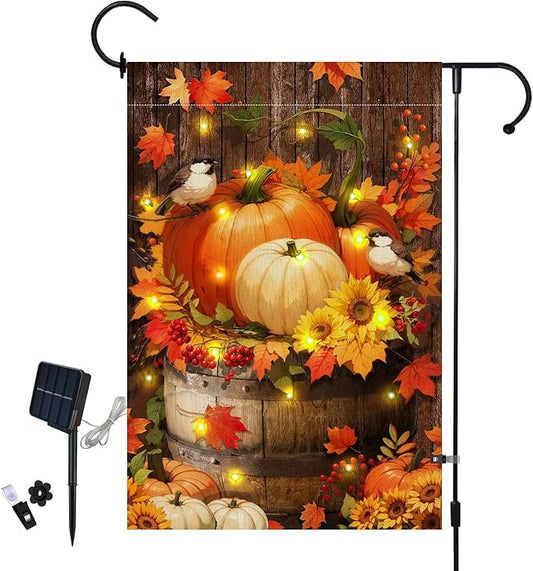 Lighted Pumpkin Fall Garden Flag 12 x 18 Inch Double Sided Burlap Led Autumn Watercolor Bird Garden Flag for Party Yard Outdoor Decoration