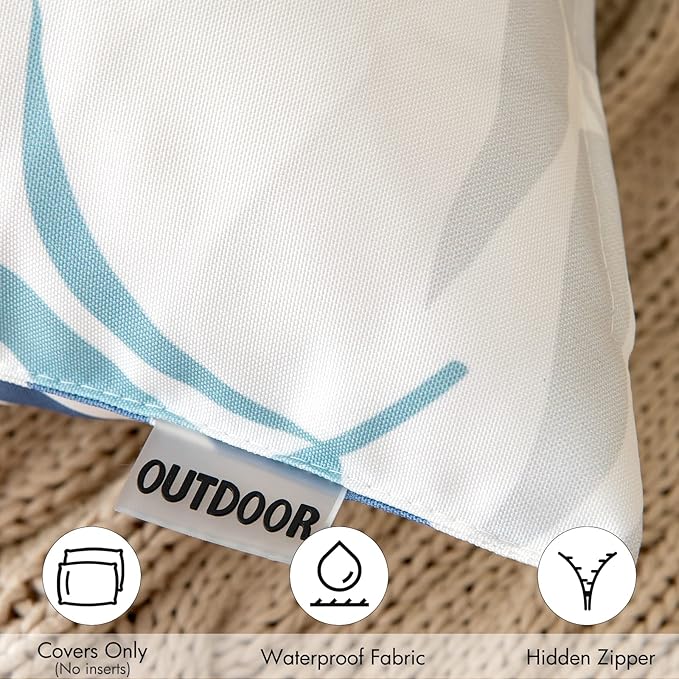 MIULEE Pack of 2 Decorative Outdoor Waterproof Throw Pillow Covers Patio Pillow Cases Natural Leaves Pattern Spring Square Cushion Shams Shell for Garden Balcony Couch 18x18 Inch, Blue