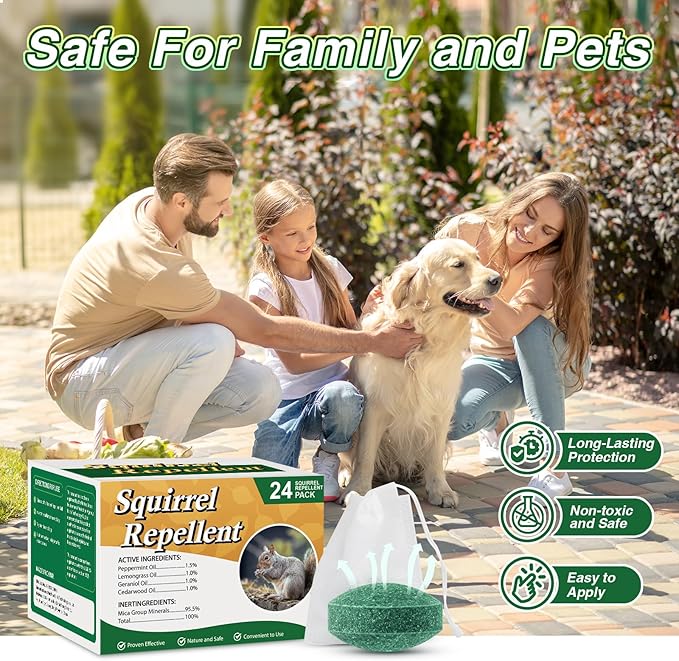 24 Pack Squirrel Repellent for Attic, Car Engines, Garden & Home Rodent Repellent Squirrel Deterrent for Outdoor & Indoor Use Keep Squirrels Away from Wires, Walls, Garages & More
